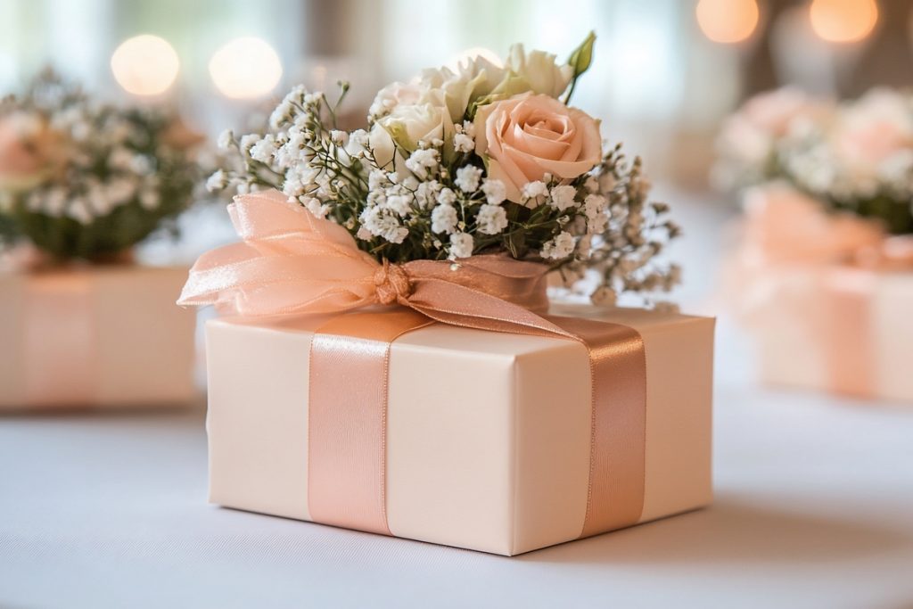 Elegant wedding present wrapped in blush pink with a satin ribbon bow, topped with a bouquet of white baby's breath and peach roses.