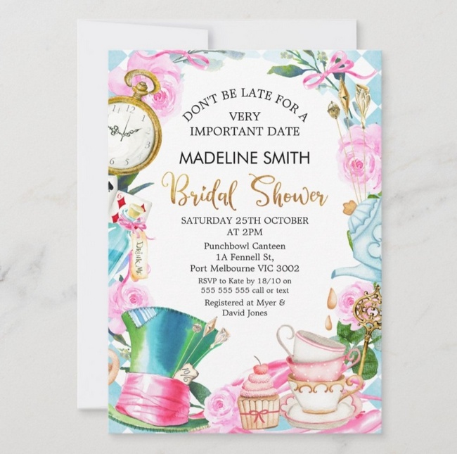 Floral Mad Hatter bridal shower invitation with teacups, pocket watch, and whimsical top hat design.
