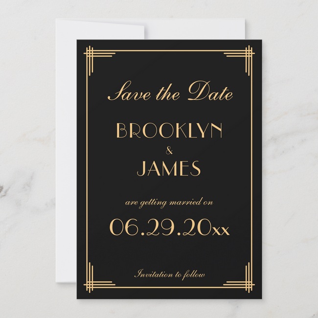 Art Deco Gatsby black save the date card with gold lettering and vintage border design.