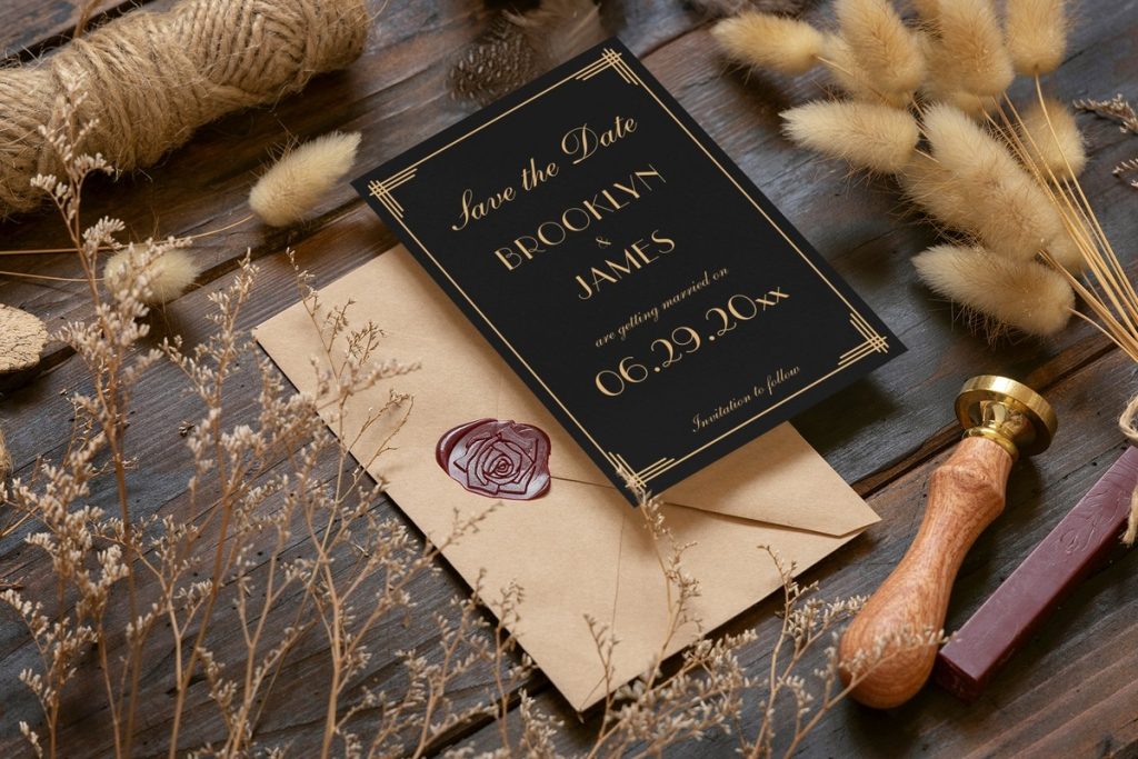 Elegant black and gold Art Deco save the date cards with vintage envelope and wax seal