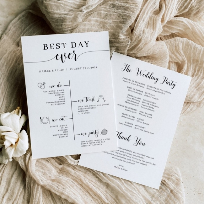 Modern wedding program timeline with Best Day Ever design