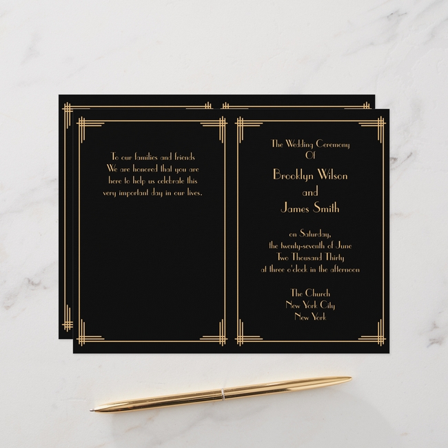 Black Great Gatsby Art Deco wedding program with gold text