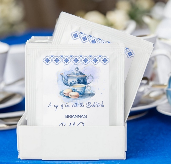 Blue tea party bridal shower favor tea bags with illustrated teapot design.