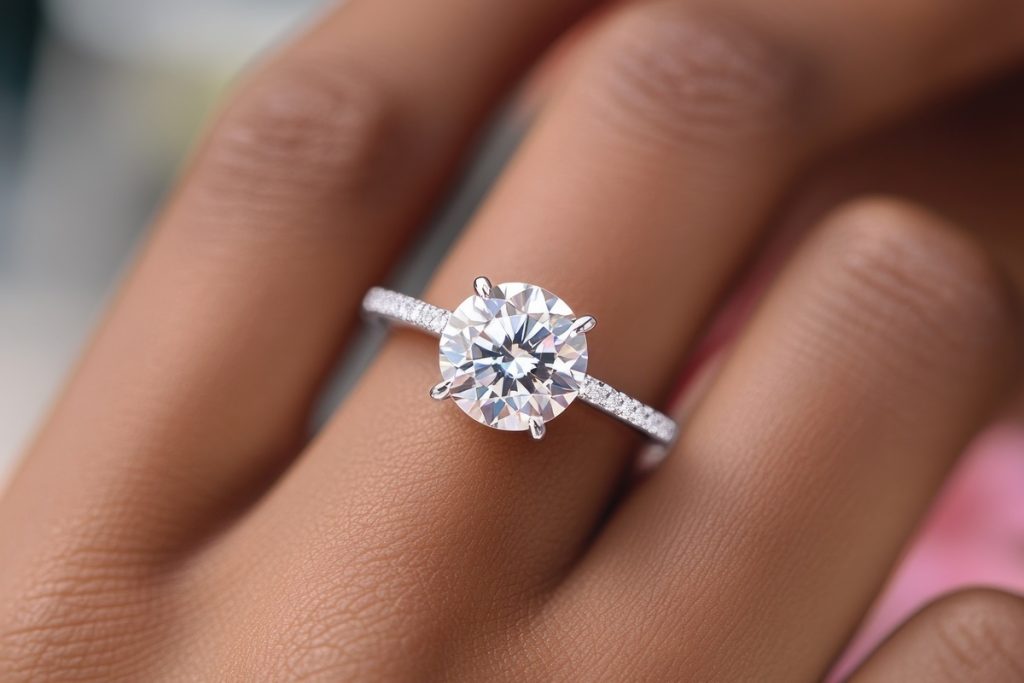 Close-up of a hand wearing a solitaire cheap cubic zirconia engagement ring with a round-cut stone on a silver band.