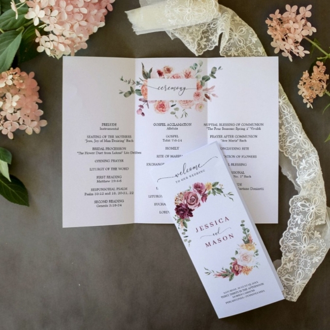 Boho floral trifold wedding program with rustic country design