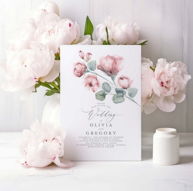 Elegant dusty pink rose floral wedding invitation style with greenery accents.