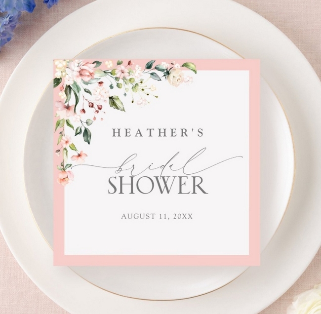 Elegant pink floral bridal shower napkin with personalized name