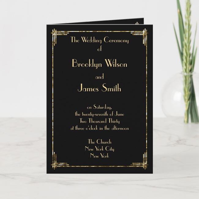 Black and gold Great Gatsby art deco wedding program