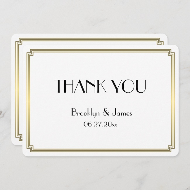 White and gold art deco wedding thank you card with geometric border, personalized with couple’s names and wedding date.