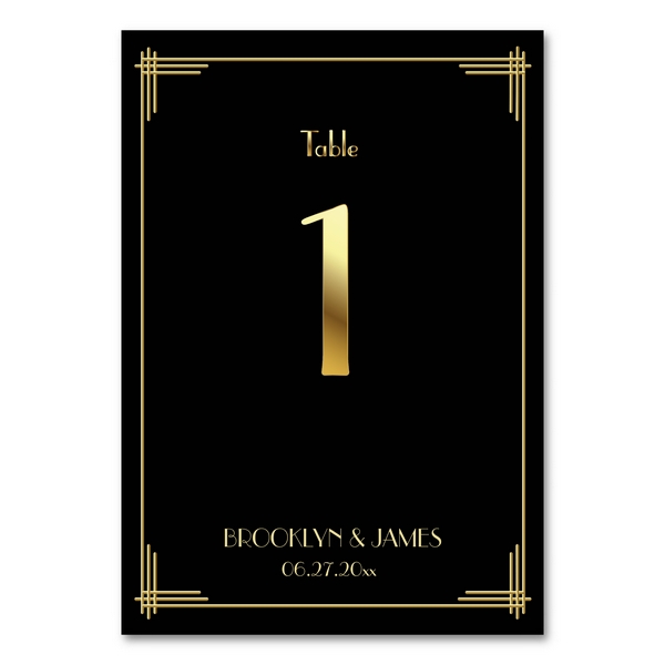Great Gatsby black and gold Art Deco wedding table number card with elegant gold accents.