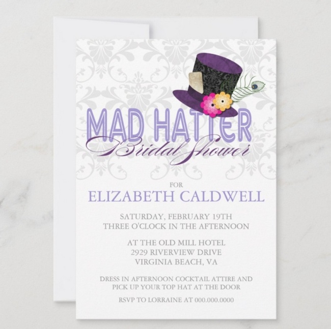 Elegant Mad Hatter bridal shower invitation with purple top hat design and vintage gray floral background.