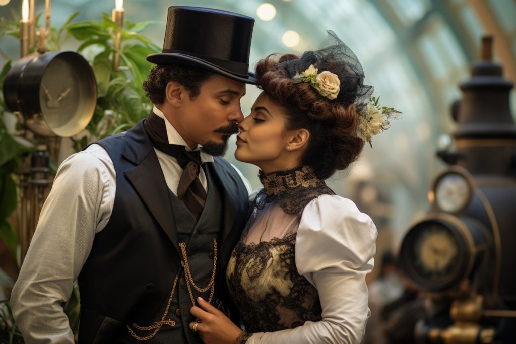 Romantic couple in vintage steampunk attire inspired by Alice in Wonderland, perfect theme idea for mad hatter bridal shower invitations.