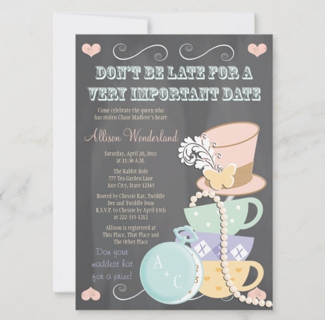 Chalkboard-style Mad Hatter bridal shower invitation with pastel teacups and whimsical top hat design.