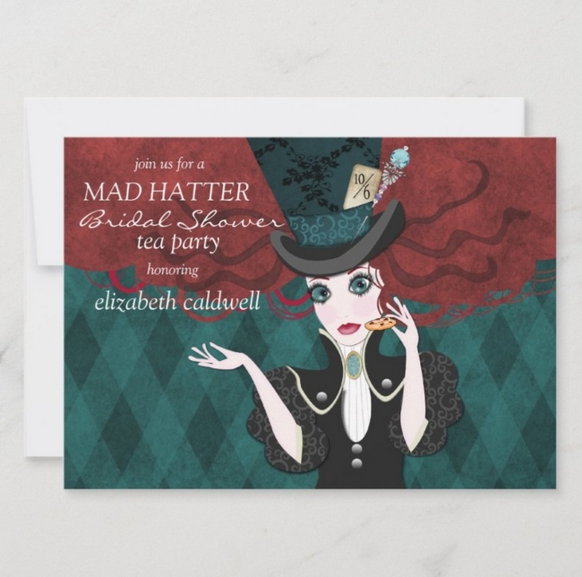Whimsical Mad Hatter bridal shower invitation featuring illustrated character with top hat and vintage tea party design.