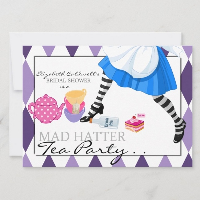 Playful Mad Hatter bridal shower tea party invitation with Alice-inspired design and purple harlequin border.