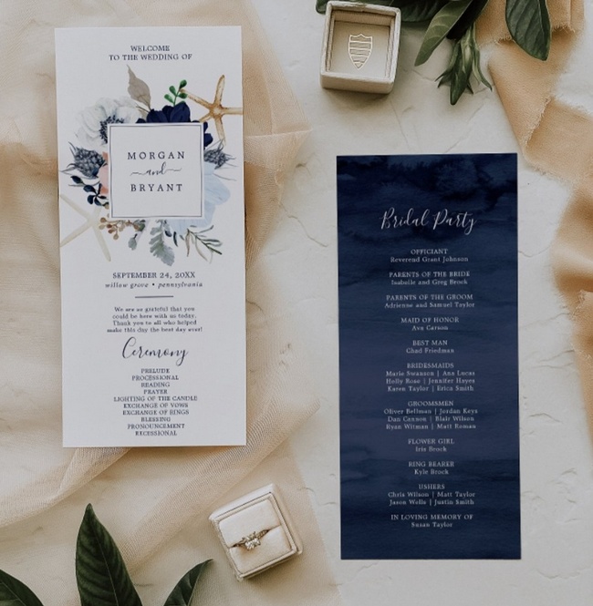 Modern nautical wedding programs with navy and floral design