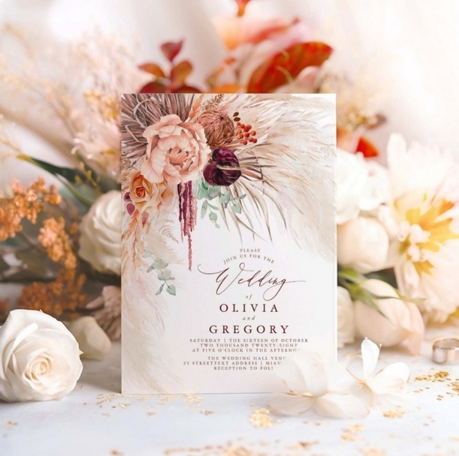 Pampas grass and floral wedding invitation style in burgundy and terracotta tones.