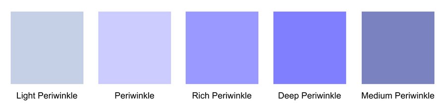 Periwinkle color chart showing five shades: Light Periwinkle, Periwinkle, Soft Periwinkle, Deep Periwinkle, and Muted Periwinkle.