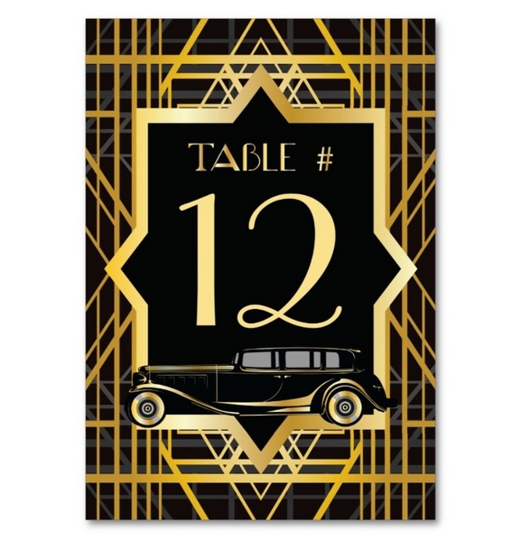 Roaring Twenties Gatsby-style table number card with vintage car and bold gold geometric Art Deco design.