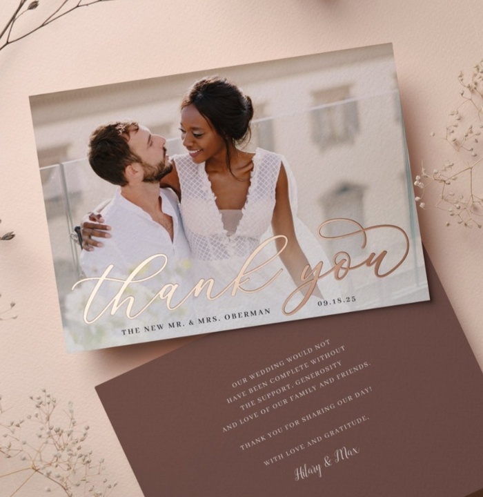Wedding thank you card with rose gold foil script and couple’s photo on front, featuring a mauve background and elegant message on the back.