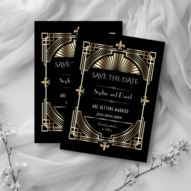 Black and gold Art Deco save the date cards with ornate geometric and fleur-de-lis design.