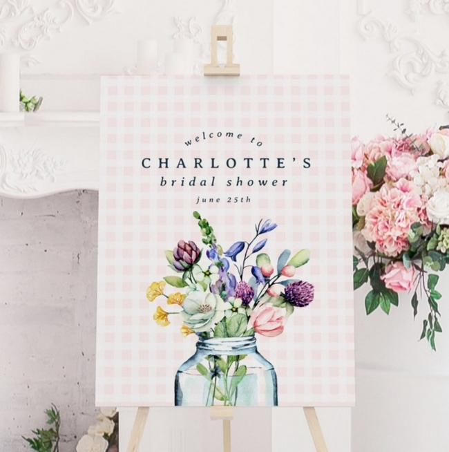 Rustic bridal shower welcome sign with wildflower mason jar design