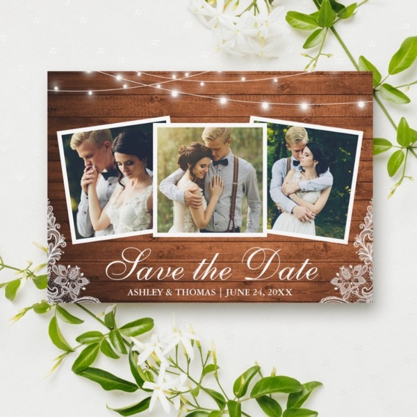 Rustic save the date card with wood background, lace accents, and three engagement photos under string lights.