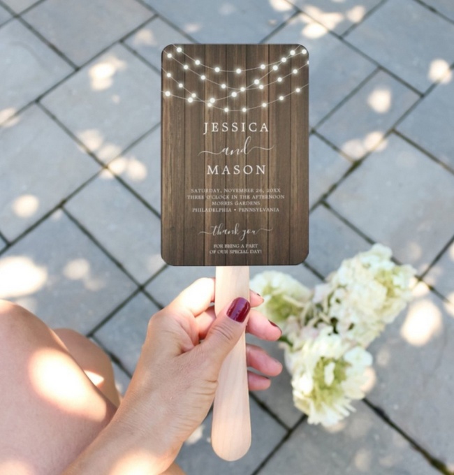 Rustic wood wedding program fan with string lights design