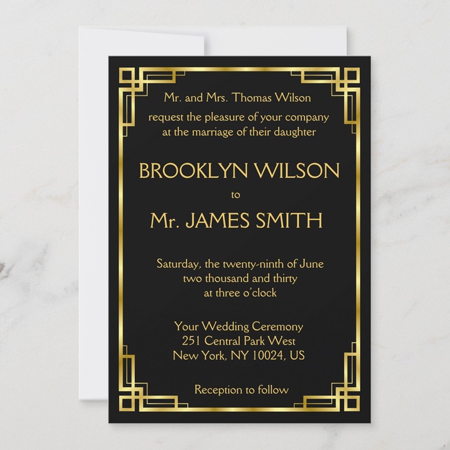 Art deco black and gold wedding invitation with geometric border design.