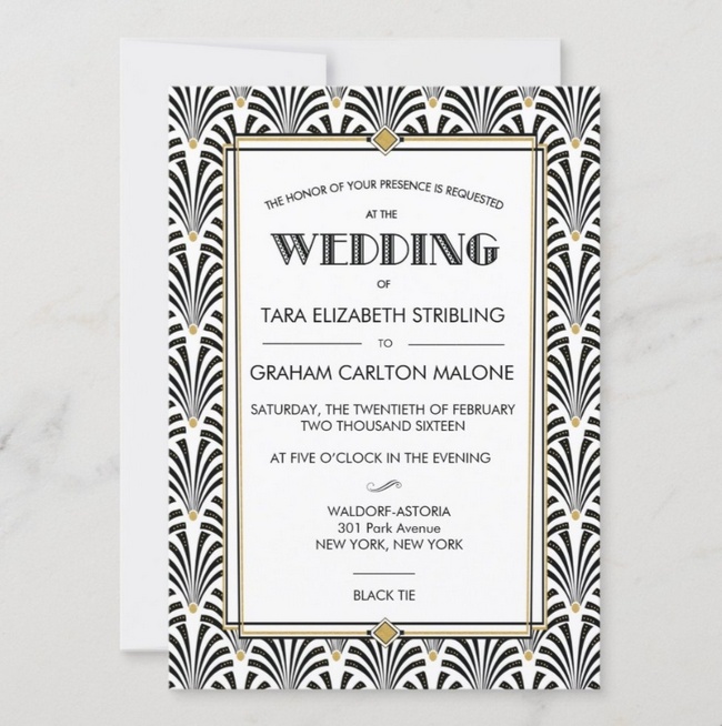Black and white art deco wedding invitation with geometric Gatsby-inspired border.
