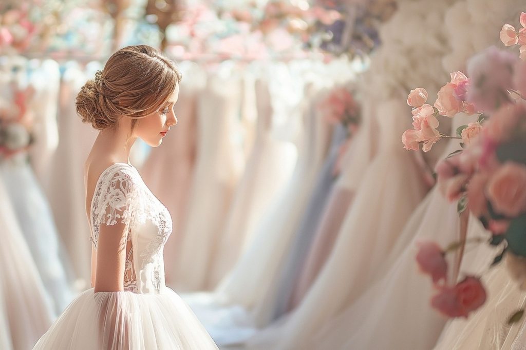 Elegant bride style in lace gown surrounded by wedding dresses and floral decor.