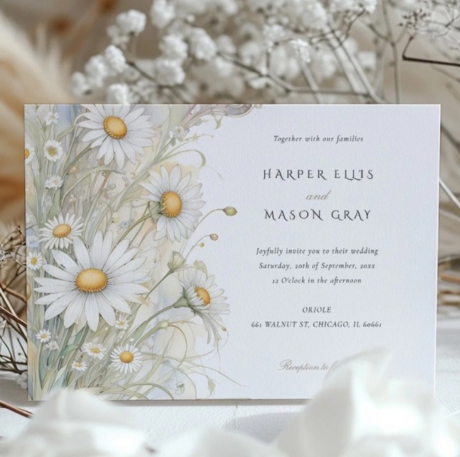 Elegant wedding invitation with delicate white daisy illustrations in soft pastel tones, styled with baby’s breath and rustic accents.