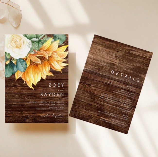 Country sunflower wedding invitation with rustic wood background.