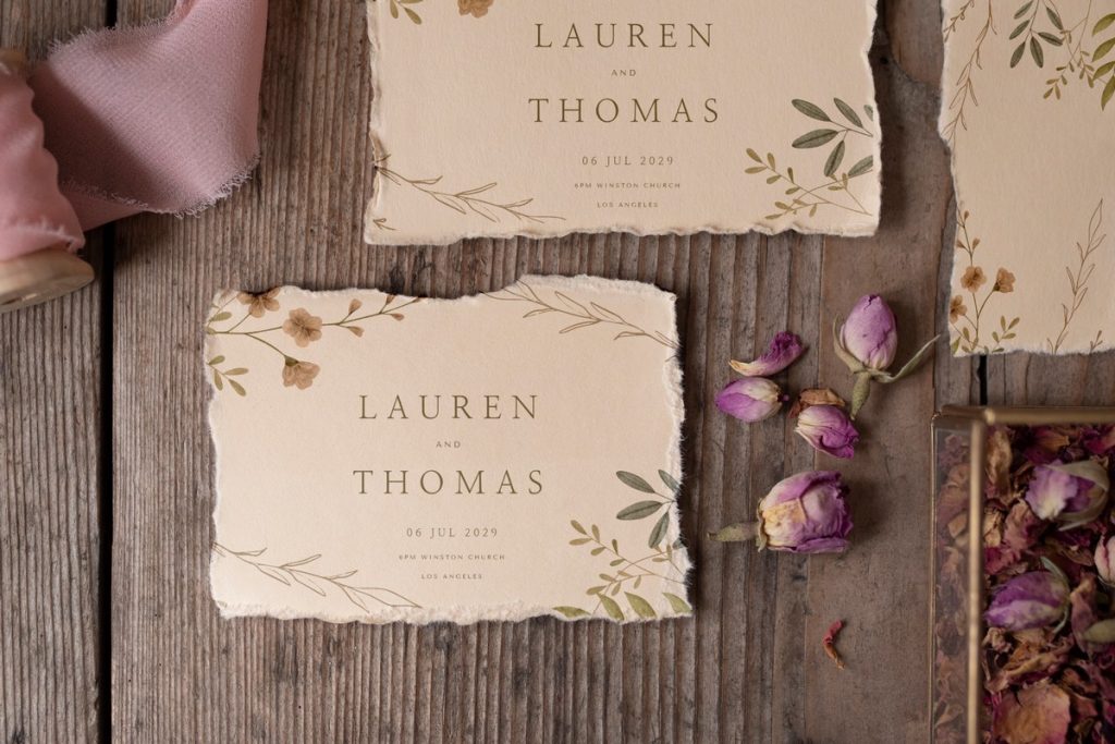 Rustic country wedding invitations with deckled edges and floral accents.