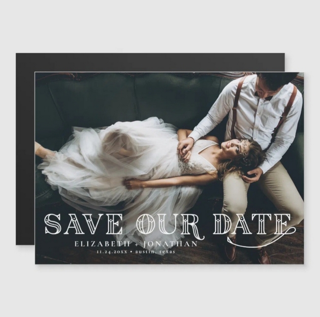 Photo save the date magnet with Gatsby Art Deco lettering in bold white font.
