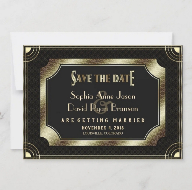 Black and gold Art Deco save the date card with elegant Gatsby-inspired design.