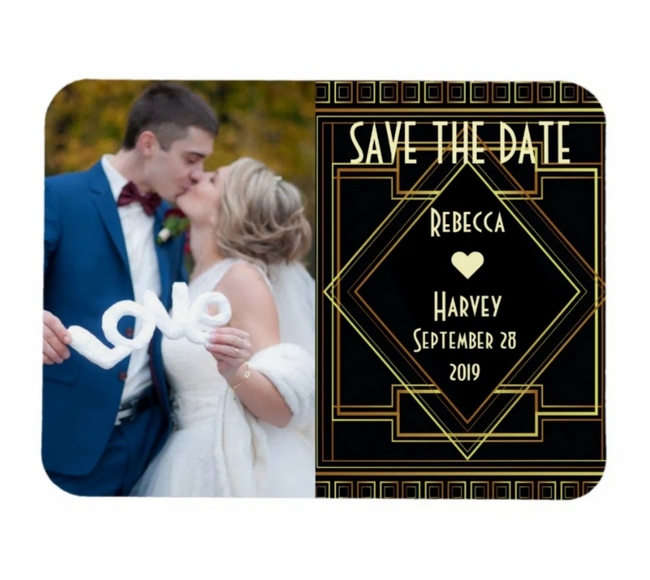 Art Deco save the date magnet with black and gold Gatsby design and couple’s photo.