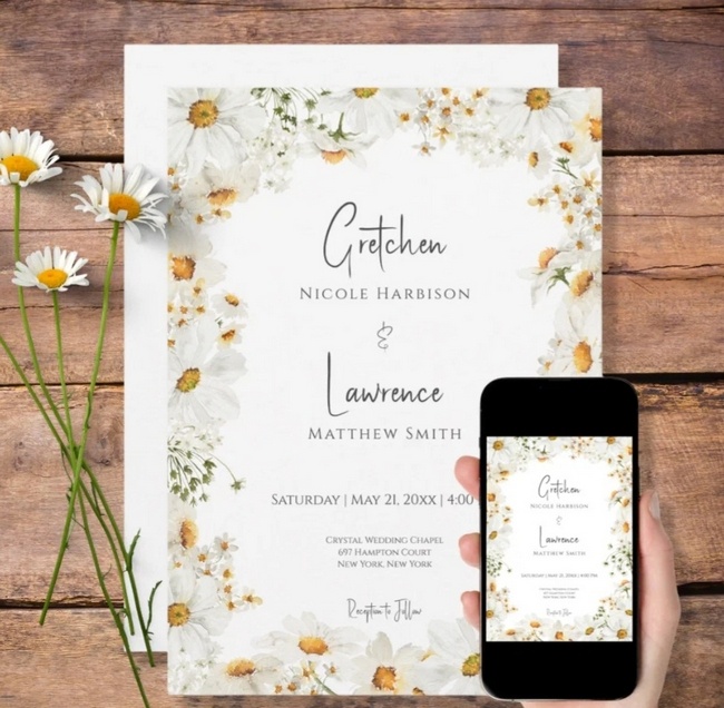 Modern rustic wedding invitation with a delicate daisy floral frame, shown with matching digital version on a smartphone.