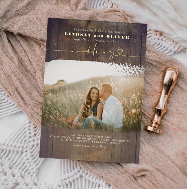 Rustic wood country wedding invitation with photo and foil details.
