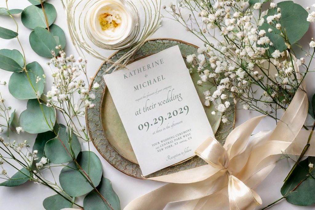 Sage green wedding theme invitation with elegant minimal design on a plate surrounded by greenery, baby’s breath, and ribbon.