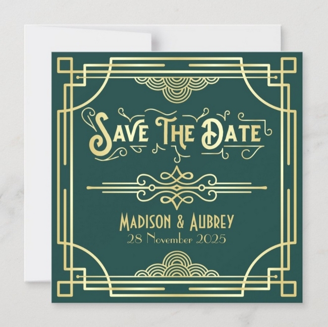 Green and gold Art Deco save the date card with elegant Gatsby design.
