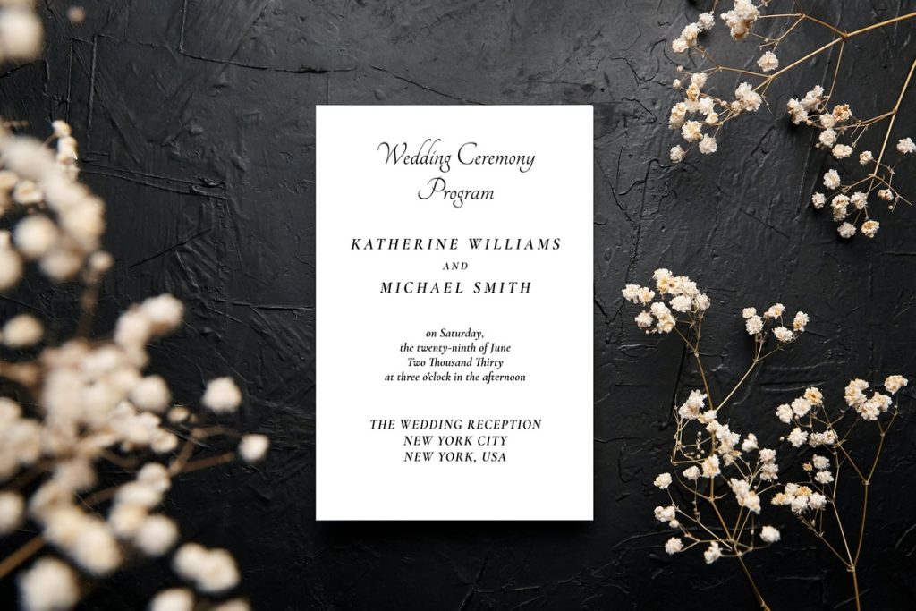 Elegant black and white wedding program with minimalist design on dark background with floral accents.