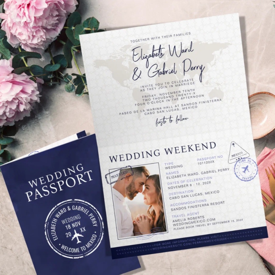 Destination wedding invitation with navy passport style design and wedding weekend card for travel themed wedding stationery