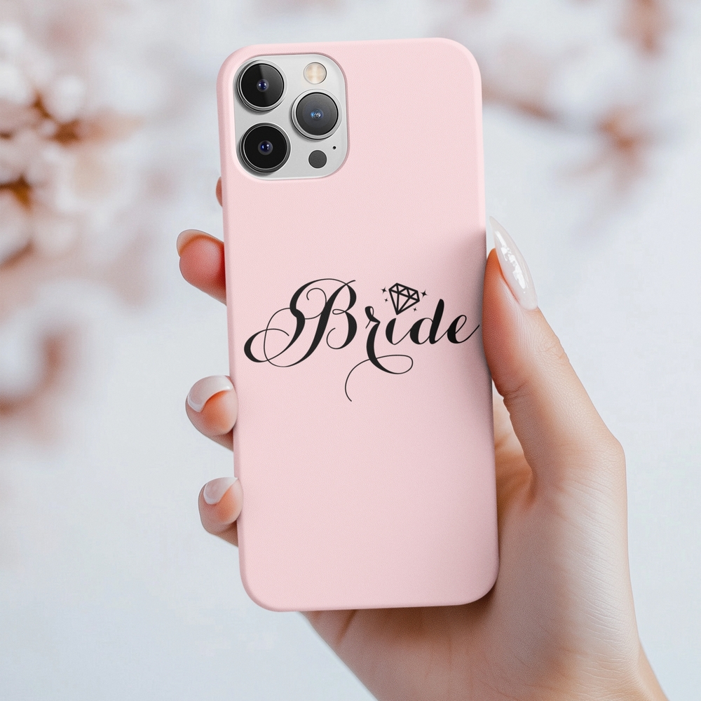 Cute Bride iPhone Cases pink phone cover with “Bride” text and diamond icon held in hand, wedding accessory for brides-to-be.