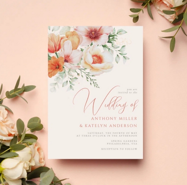 Peach and coral watercolor floral wedding invitation with greenery and elegant script on soft blush background